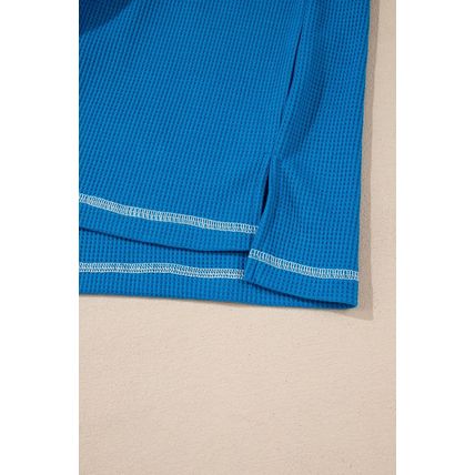 Sky Blue Lace Floral Patchwork Sleeve Stitching V Neck Rib Knit Blouse
