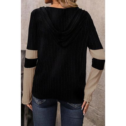 Parchment Textured Colorblock Long Sleeve Quarter Zip Drawstring Hooded Top
