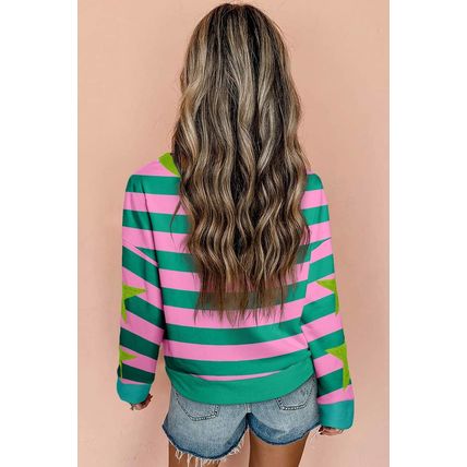 Pink Stripe Star Patchwork Round Neck Pullover Sweatshirt