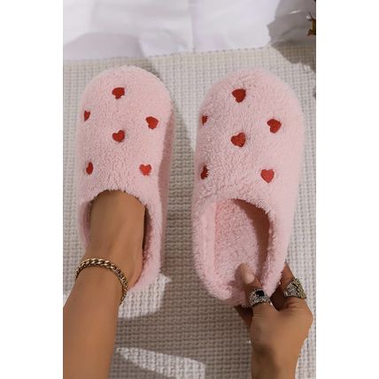 Pink Heart Shape Embroidered Slip On Plush Slippers