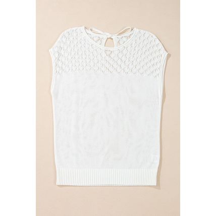 White Eyelet Knit Tied Back Short Sleeve Sweater