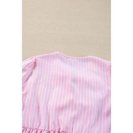 Pink Stripe Bowknot Front Crew Neck Puff Sleeve Blouse