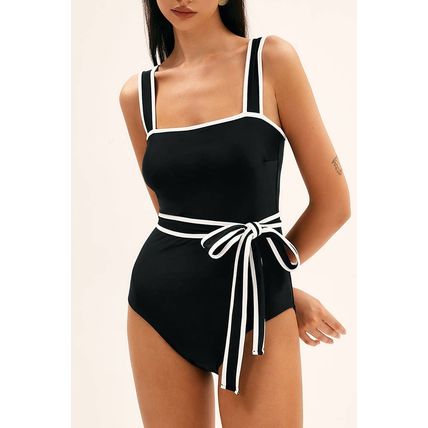 Black Colorblock Edge Belted One Piece Swimsuit