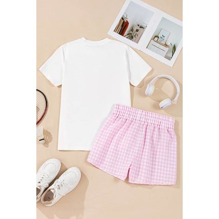 White MAMA Printed Tee and Plaid Shorts Lounge Set