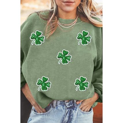 Grass Green Ribbed Four Leaf Clover Graphic St. Patricks Pullover Sweatshirt