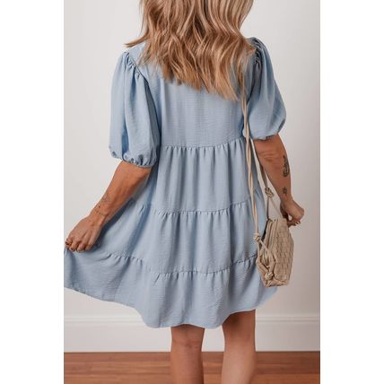 Beau Blue Shirt Collar Button Up Short Puff Sleeve Tiered Shift Dress