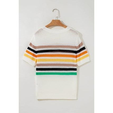 White Striped Pocketed Loose Fit Crewneck Knitted T Shirt