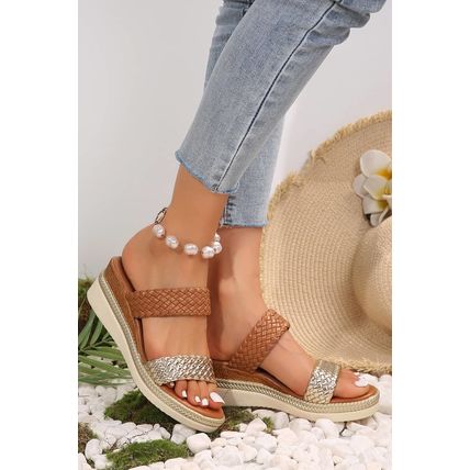 Gold Braided Dual Band PU Leather Wedge Slippers