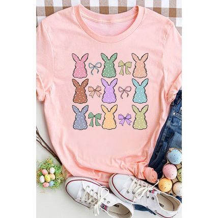 Pink Dotty Bunny Bow Printed Easter Day Fashion T Shirt