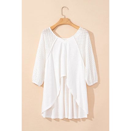 White Eyelet Patchwork High Low Hem V Neck Oversized Top