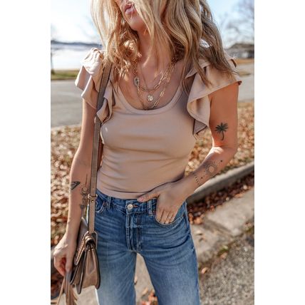 Smoke Gray Ribbed Knit Ruffled Shoulder Slim Fit Tank Top
