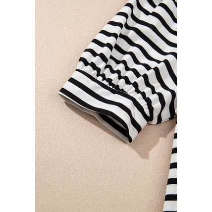 Black Stripe Contrast V Neck Collared Puff Sleeve T Shirt Mini Dress with Pocket