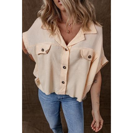 Beige Waffle Splicing Short Batwing Sleeve Flap Detail Shirt