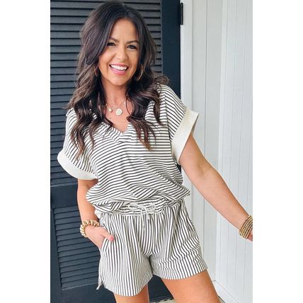 Black Stripe V Neck Tee and Casual Short Set