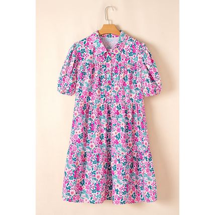 Pink Plus Size Floral Half Button Short Puff Sleeve A-line Dress