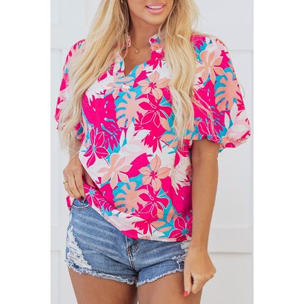 Rose Tropical Plant Printed V Neck Puff Sleeve Blouse