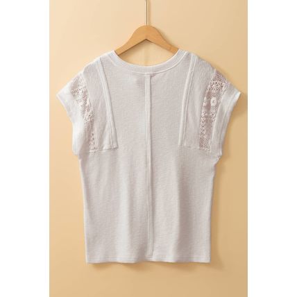 White Ribbed Texture Lace Patchwork Short Sleeve Top