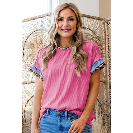 Bonbon Leopard Patchwork Corded Knit Crew Neck T Shirt