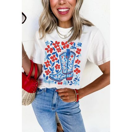 White Floral Western Boots Printed Cotton Blend T Shirt