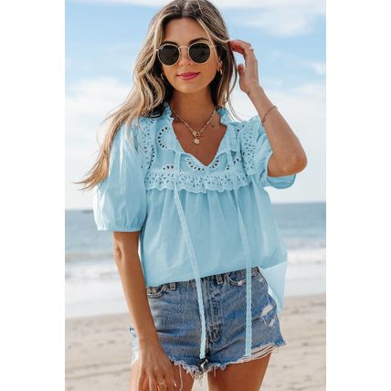 Mist Blue Embroidered Lace Patchwork Tie Neck Puff Short Sleeve Blouse