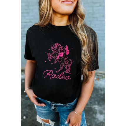 Black Cowgirl Rodeo Embroidered Pattern Western Fashion Tee