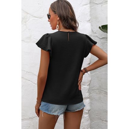Black Flounce Sleeve Pleated Textured Blouse