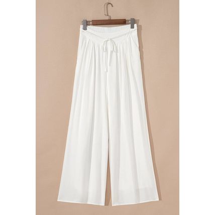 White Solid Drop Waist Pleated Wide Leg Casual Pants