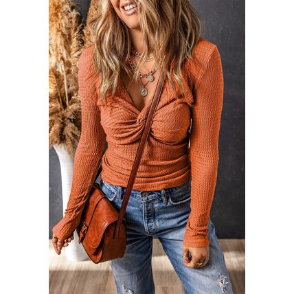 Orange Textured Twist Front V Neck Long Sleeve Slim Solid Color Top
