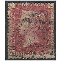 1858 SG43 1d Red Plate 122 Good+ Used "QJ".