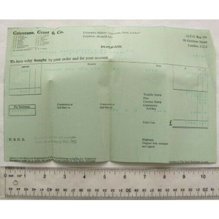 1963 invoice Grieveson Grant & Co, London re Burmah Oil ordinary stock