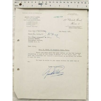 1964 letter Graves Son & Pilcher, Hove re Wood, Cromwell Road