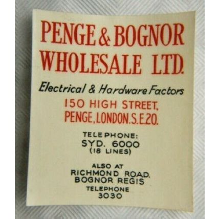 c1950 Penge & Bognor Wholesale, Penge, London transfer label