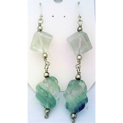 Carved Fluorite Bead Silver Wire Gemstone Dangle Earrings