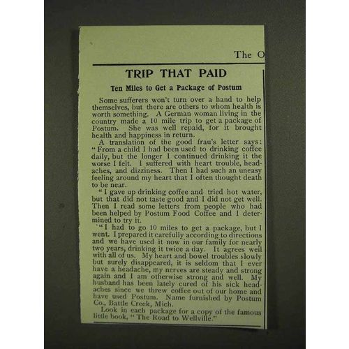 1903 Postum Food Coffee Ad - Trip That Paid