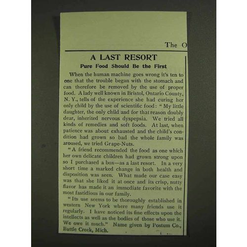 1903 Postum Grape-Nuts Ad - A Last Resort