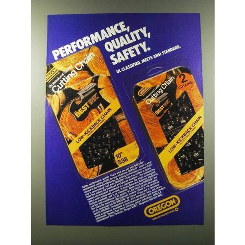1986 Oregon Cutting Chain Ad - Performance, quality, safety