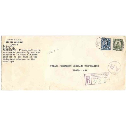 Canada Registered AR Rate, Moose Jaw SASK to Regina 1931, Arches