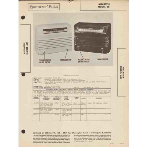 AIRCASTLE model 651 5 tube AM radio receiver Sams Photofact manual