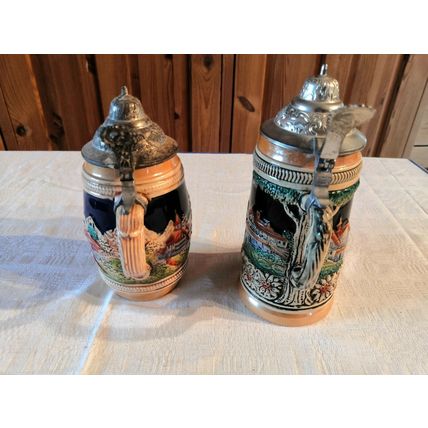 2 x Vintage, West German, Stoneware, Beer Steins, Pewter Lids, Decorative