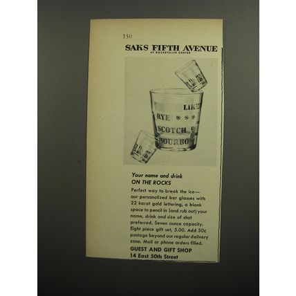 1952 Saks Fifth Avenue Glasses Ad - Your name and drink on the rocks