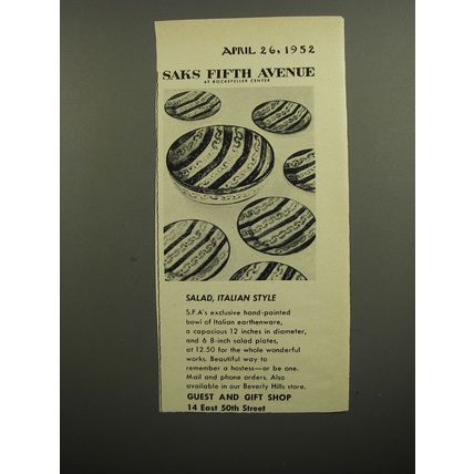 1952 Saks Fifth Avenue Earthenware Advertisement - Salad, Italian Style