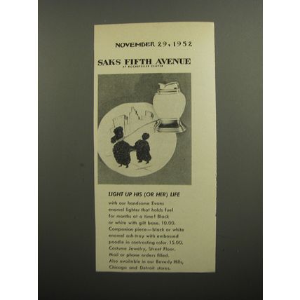 1952 Saks Fifth Avenue Evans Enamel Lighter and Ash-Tray Advertisement