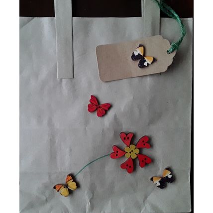 Hand decorated . Brown paper carrier bags Button Art gift bags # orange yellow