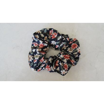 Large floral dark blue hair tie pony tail holder scrunchie