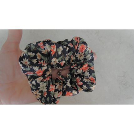 Large floral dark blue hair tie pony tail holder scrunchie