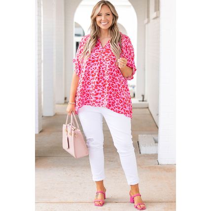 Rose Leopard Print V Neck Half Sleeve Plus Size Blouse