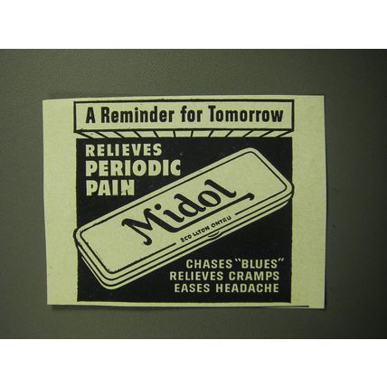 1949 Midol Medicine Ad - A Reminder for Tomorrow Relieves Periodic Pain