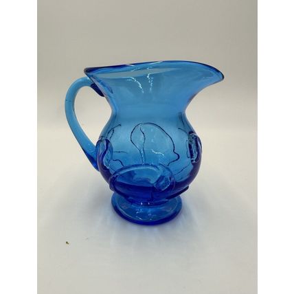 Electric Blue Pitcher Art Glass Hand Blown Floral Pressed Handled Decor Vintage
