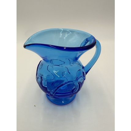 Electric Blue Pitcher Art Glass Hand Blown Floral Pressed Handled Decor Vintage