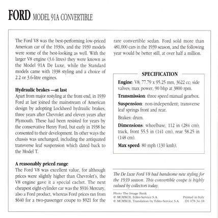 Collectors Club card. Classic Cars. Ford Model 91A Convertible